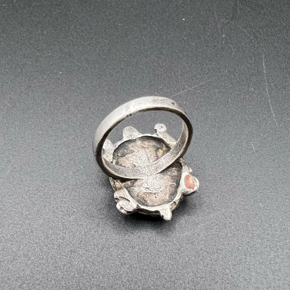 Native American Turquoise & Coral Inlay Turtle Ring - Picture 3 of 4